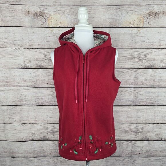 Christopher & Banks Vintage Christmas Hooded Fleece Vest Embroidered Medium - Picture 7 of 8